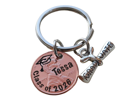 Custom Engraved "Class of 2026"Penny Keychain with Graduate Scroll Charm, Personalized Graduate Keychain, For Graduation
