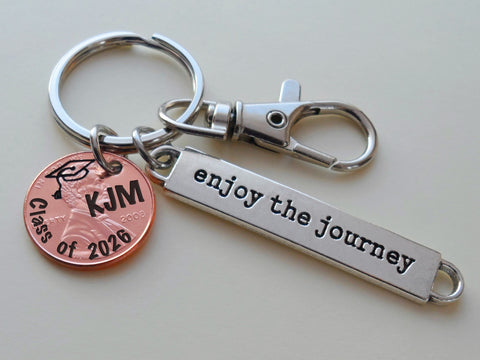 Custom Engraved "Class of 2026" Penny Keychain with Engraved Graduate Cap & Name, and with Enjoy the Journey Charm and Clasp