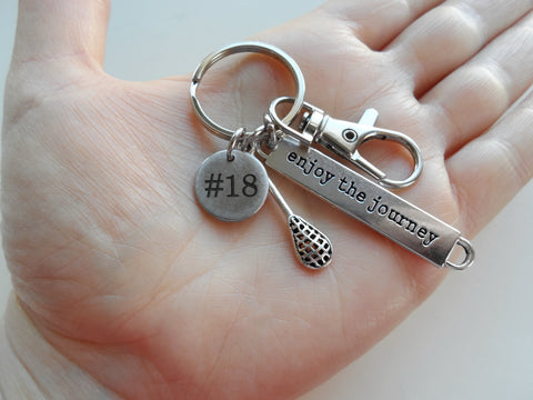 Custom Lacrosse Stick Charm Keychain with Enjoy the Journey Charm, Swivel Clasp & Engraved Disc Tag, Graduate Keychain, Player or Coach Key Chain