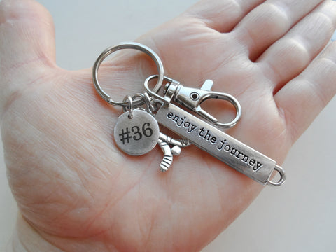 Hockey Sticks Charm Keychain with Custom Engraved Disc, Enjoy the Journey Charm & Clasp, Coach, Graduate or Hockey Player Key Chain