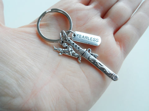 Martial Arts Keychain with Samurai Sword Charm, Fearless Charm, and Kicking Student Charm, Karate, Taekwondo or Coach Keychain