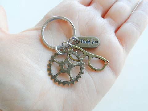 Bronze Eye Glasses Charm, Gear Charm & Thank You Charm Keychain, Optician or Eye Center Staff