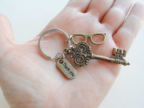 Bronze Eye Glasses Charm, Key Charm & Thank You Charm Keychain, Optician or Eye Center Staff