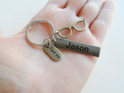 Optician or Eye Center Staff Appreciation Keychain with Custom Engraved Tag, Bronze Eye Glasses Charm & Thank You Charm