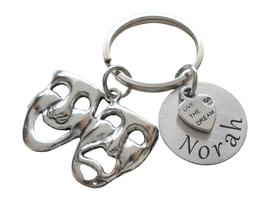 Theatre Masks Keychain with Custom Engraved Disc and Live the Dream Charm, Tragedy & Comedy Charm, Drama Keychain, Graduation Gift Keychain, Actors Keychain, Theatre Face, Theater Keychain
