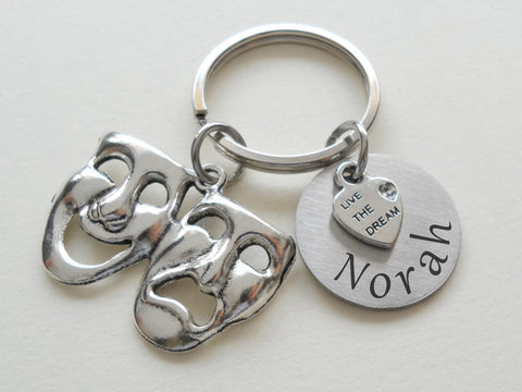 Theatre Masks Keychain with Custom Engraved Disc and Live the Dream Charm, Tragedy & Comedy Charm, Drama Keychain, Graduation Gift Keychain, Actors Keychain, Theatre Face, Theater Keychain