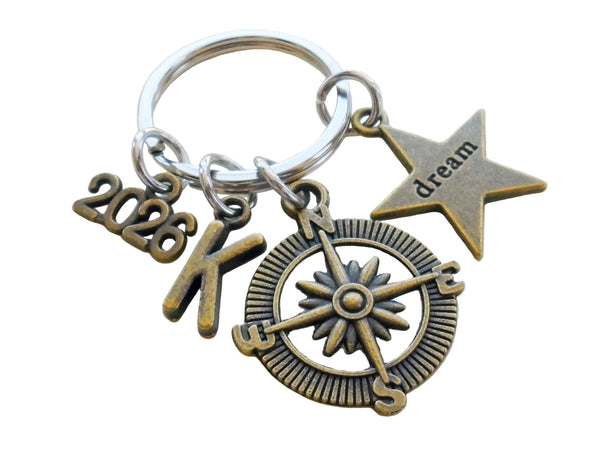 Custom Bronze Compass Charm Keychain with Dream Star & 2026 Charm, Personalized Keychain Gift
