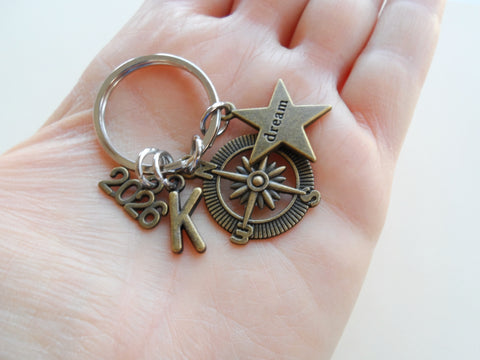 Custom Bronze Compass Charm Keychain with Dream Star & 2026 Charm, Personalized Keychain Gift