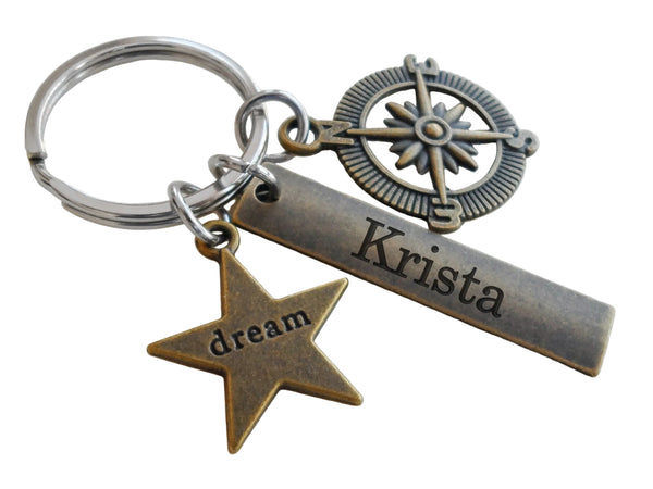 Bronze Compass Charm Keychain with Dream Star & Custom Engraved Tag, Personalized Keychain Gift
