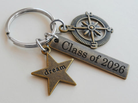 Bronze Compass Charm Keychain with Dream Star & Custom Engraved Tag, Personalized Keychain Gift