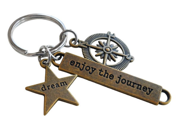 Bronze Enjoy the Journey Compass Charm Keychain with Dream Star Charm - Graduation Keychain, Encouragement Keychain