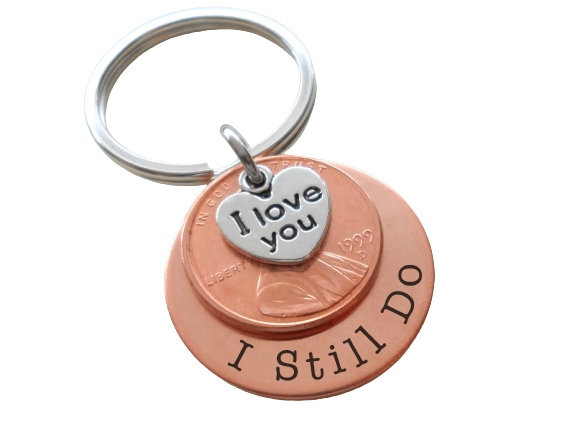 Penny & Copper Disc Keychain Custom Engraved with I Love You Heart Charm Layered, For Couples