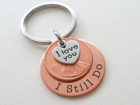 Penny & Copper Disc Keychain Custom Engraved with I Love You Heart Charm Layered, For Couples