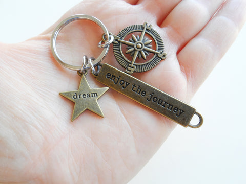 Bronze Enjoy the Journey Compass Charm Keychain with Dream Star Charm - Graduation Keychain, Encouragement Keychain
