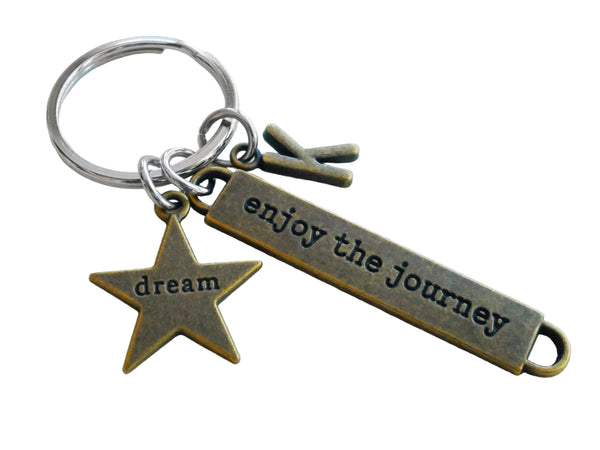 Bronze Enjoy the Journey Keychain with Dream Star Charm & Initial Charm - Graduation Keychain, Encouragement Keychain