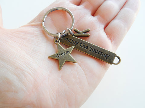 Bronze Enjoy the Journey Keychain with Dream Star Charm & Initial Charm - Graduation Keychain, Encouragement Keychain