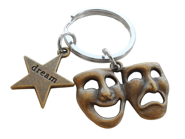 Bronze Theatre Masks Charm Keychain with Dream Star Charm, Tragedy Comedy Drama Keychain, For Graduation Actors