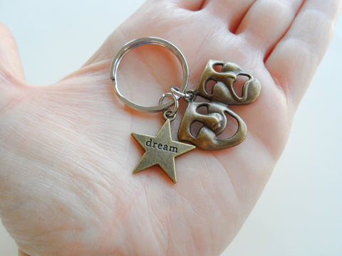 Bronze Theatre Masks Charm Keychain with Dream Star Charm, Tragedy Comedy Drama Keychain, For Graduation Actors