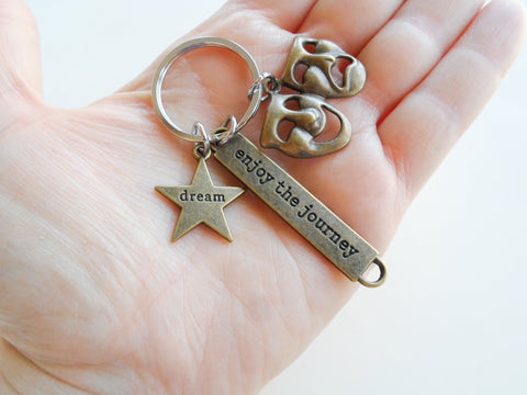 Bronze Acting Charm Keychain with Dream Star Charm, Tragedy/Comedy Mask Charm, and "Enjoy the Journey" Tag, Director, Videographer, or Actor Keychain