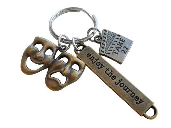 Bronze Acting Charm Keychain with Take 22 Clapboard Charm, Tragedy/Comedy Mask Charm, and "Enjoy the Journey" Tag, Director, Videographer, or Actor Keychain