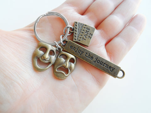 Bronze Acting Charm Keychain with Take 22 Clapboard Charm, Tragedy/Comedy Mask Charm, and "Enjoy the Journey" Tag, Director, Videographer, or Actor Keychain