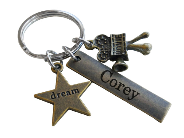Bronze Acting Charm Keychain with Dream Star Charm, Movie Camera Charm, and Custom Engraved Tag, Director, Videographer, or Actor Keychain