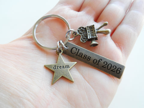 Bronze Acting Charm Keychain with Dream Star Charm, Movie Camera Charm, and Custom Engraved Tag, Director, Videographer, or Actor Keychain