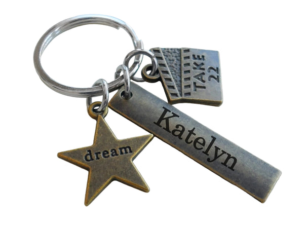 Bronze Acting Charm Keychain with Dream Star Charm, Take 22 Clapboard Charm, and Custom Engraved Tag, Director, Videographer, or Actor Keychain