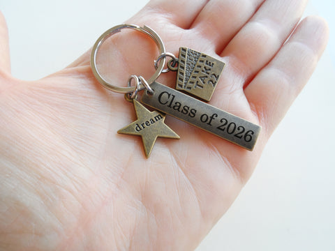 Bronze Acting Charm Keychain with Dream Star Charm, Take 22 Clapboard Charm, and Custom Engraved Tag, Director, Videographer, or Actor Keychain