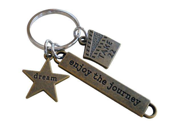 Bronze Acting Charm Keychain with Dream Star Charm, Take 22 Clapboard Charm, and "Enjoy the Journey" Tag, Director, Videographer, or Actor Keychain