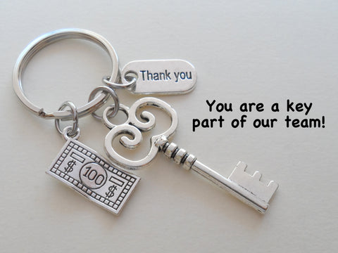 Bank Employee Appreciation Gift Keychain; Key Charm, Money Bill Charm Keychain with Thank You Charm; Credit Union Staff Gift, Coworker Gift, Work Team Gift