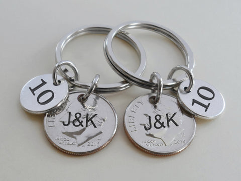 10 Year Anniversary Gift • Double Keychain Set Dime Keychains w/ Number 10 Charm by Jewelry Everyday