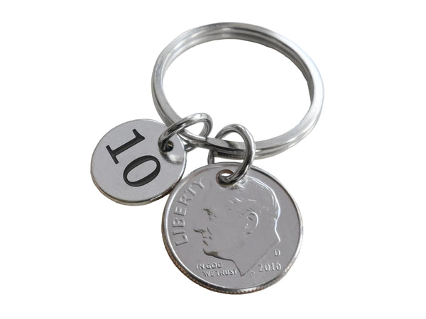 Custom Dime Keychain with Number 10 Charm, Couples 10 Year Anniversary Gift