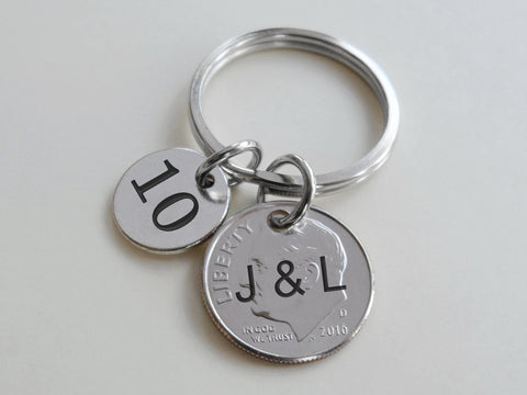 Custom Dime Keychain with Number 10 Charm, Couples 10 Year Anniversary Gift