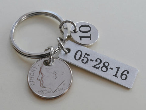 Custom Engraved Aluminum Tag Keychain with Dime & Number 10 Charm, Couples Keychain, 10 Year Anniversary Keychain