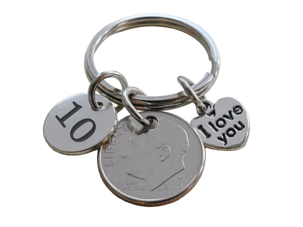 Custom Dime Keychain with I Love You Heart & Number 10 Charm, 10 Year Anniversary Gift, Husband Wife Key Chain, Boyfriend Girlfriend Gift, Customized Couples Keychain