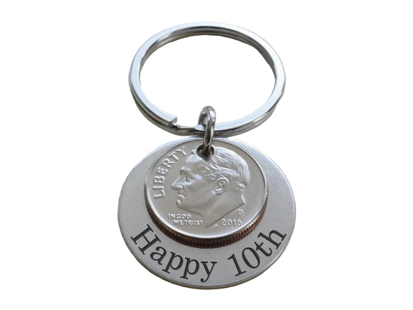 Custom Engraved Aluminum Disc Keychain With Dime, Couples 10 Year Anniversary Gift