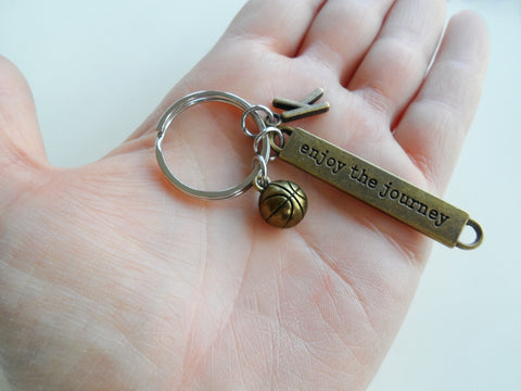 Bronze Basketball Player or Team Coach Keychain with Basketball Charm, Enjoy the Journey Charm & Initial Charm