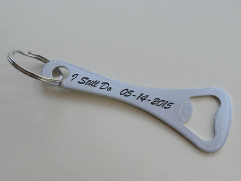 Stainless Steel Bottle Opener Keychain with Custom Engraving; Couples Anniversary Keychain