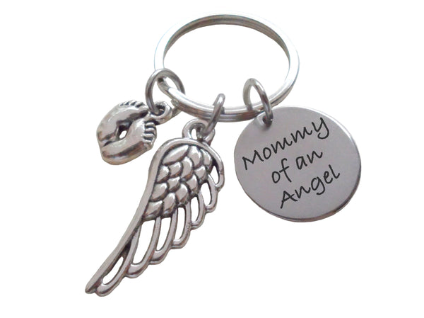 Baby Memorial Charm Keychain with Wing Charm, Baby Feet Charm & Engraved Disc, Infant Loss Gift, Miscarriage Stillborn, Memorial Keychain