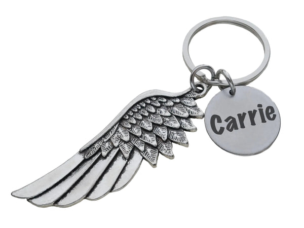 Memorial Keychain with Wing Charm and Custom Engraved Disc