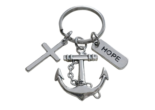 Large Anchor Charm Keychain with Cross Charm & Hope Charm, Religious Key Chain
