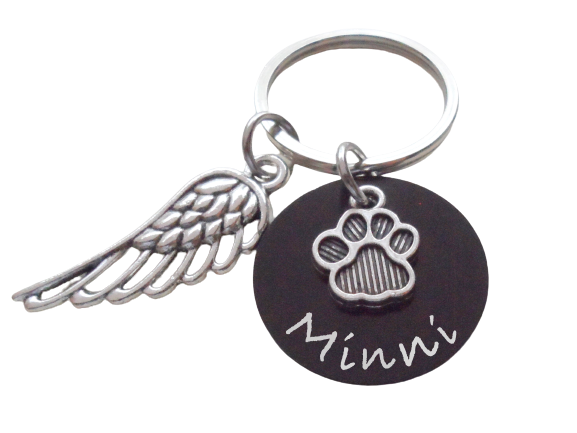 Custom Engraved Anodized Aluminum Disc & Paw Charm Keychain with Wing Charm, Pet Loss Gift, Dog Memorial Keychain