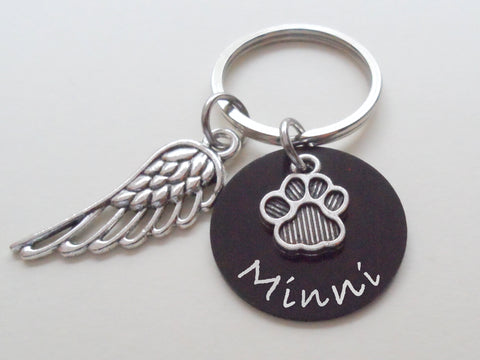 Custom Engraved Anodized Aluminum Disc & Paw Charm Keychain with Wing Charm, Pet Loss Gift, Dog Memorial Keychain