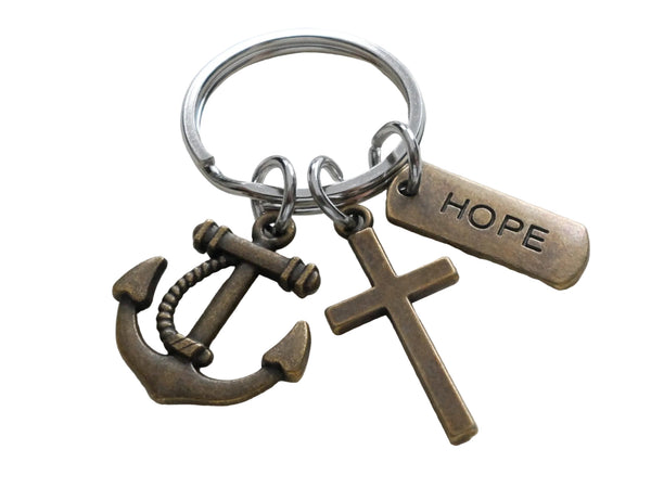 Bronze Anchor Charm Keychain with Cross Charm & Hope Charm, Religious Key Chain