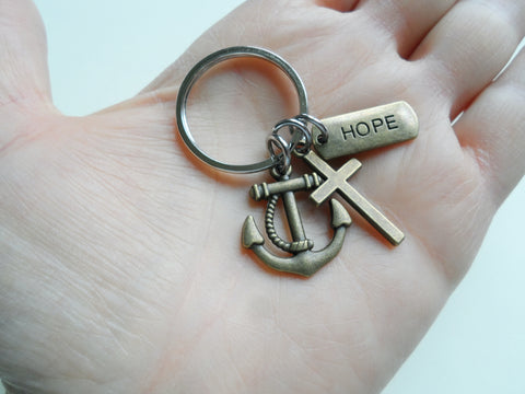 Bronze Anchor Charm Keychain with Cross Charm & Hope Charm, Religious Key Chain
