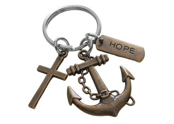 Large Bronze Anchor Charm Keychain with Cross Charm & Hope Charm, Religious Key Chain