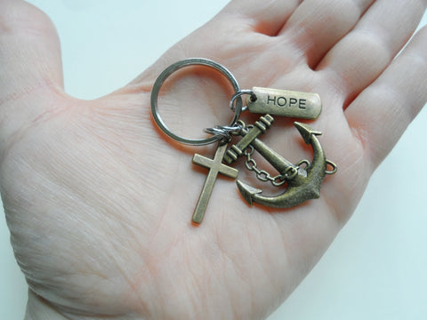 Large Bronze Anchor Charm Keychain with Cross Charm & Hope Charm, Religious Key Chain
