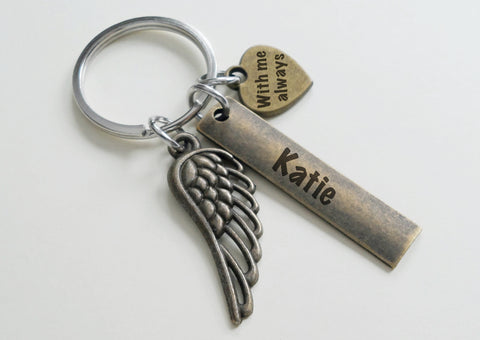 Memorial Keychain with Bronze Wing Charm and Custom Engraved Rectangle & Heart Tag
