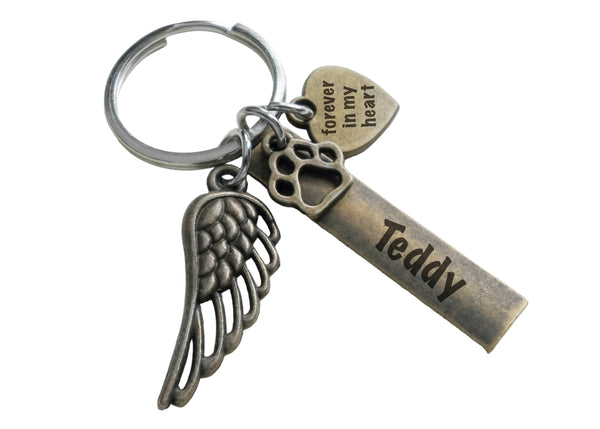 Bronze Charm Dog Memorial Keychain • Custom Engraved Rectangle & Heart Tag with Wing and Paw Charm